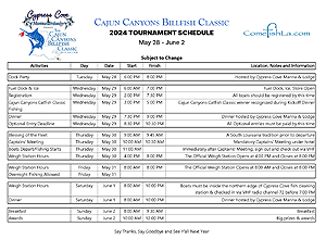 Cajun Canyons Billfish Classic Schedule